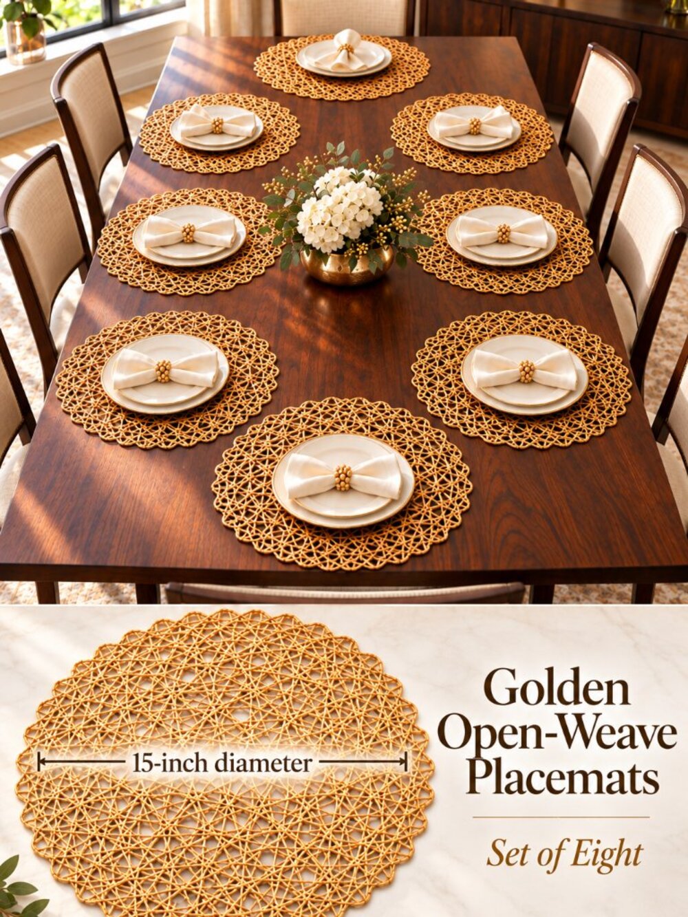 Golden Open-Weave Placemats — Set of Eight
